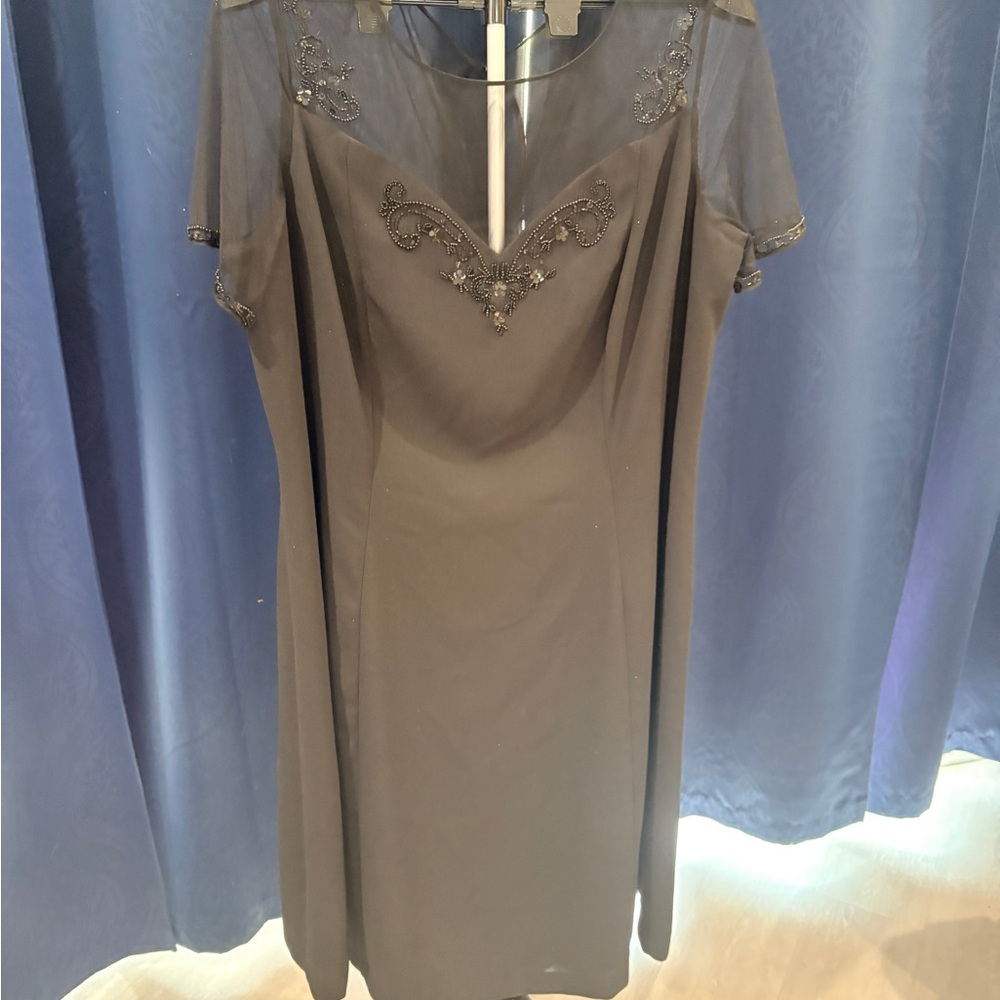 Maggy London Black Midi Dress with Embellished Neckline
